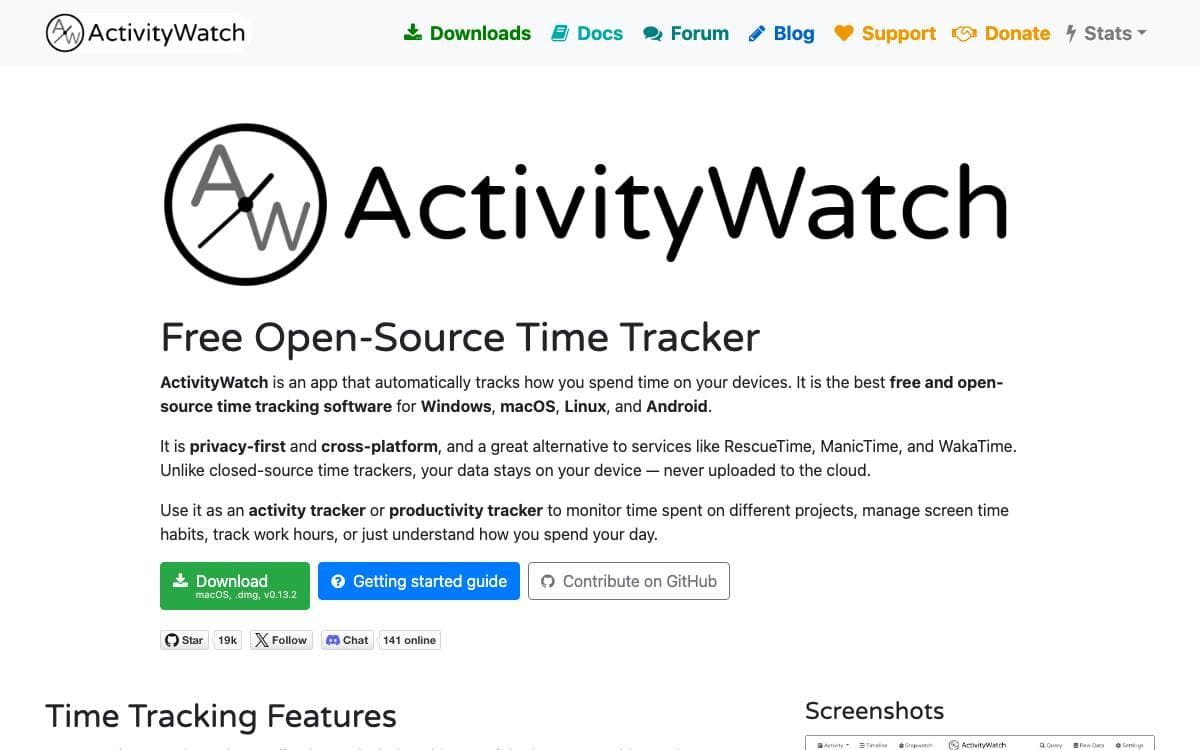 Screenshot of ActivityWatch website