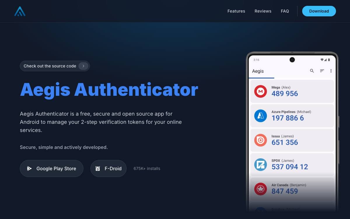 Screenshot of Aegis Authenticator website