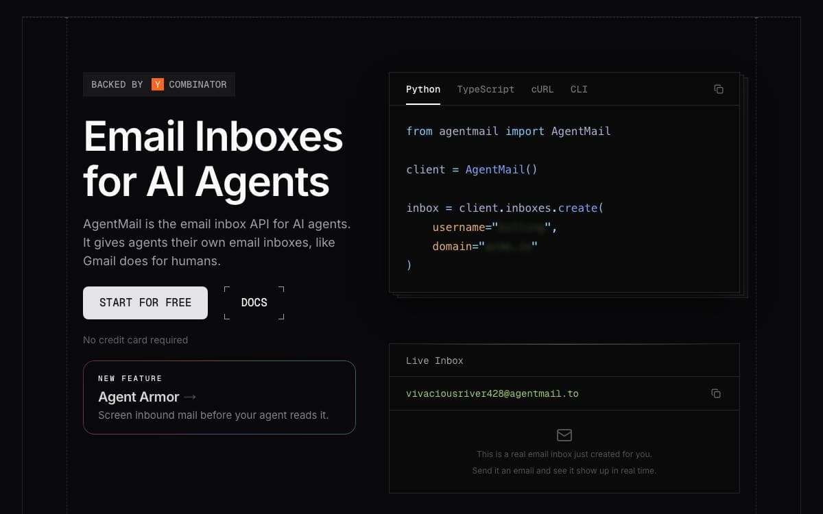 Screenshot of AgentMail website