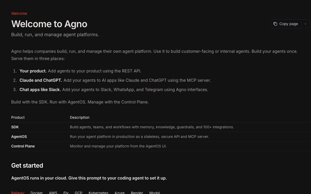Screenshot of Agno website