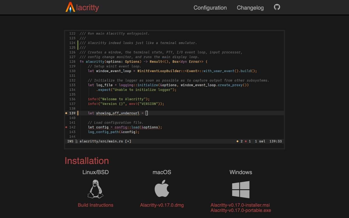 Screenshot of Alacritty website