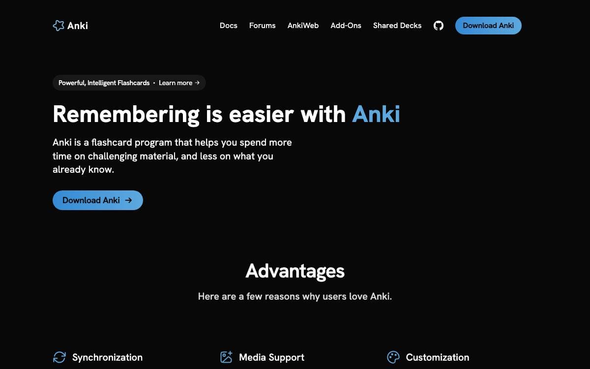 Screenshot of Anki website