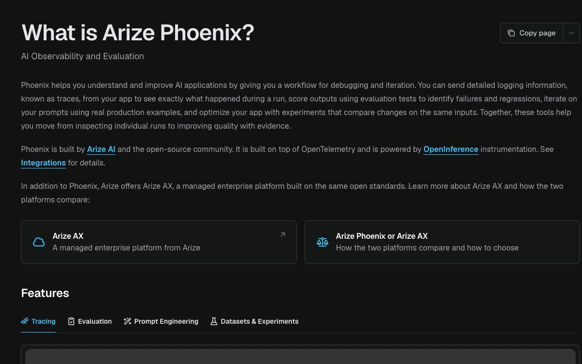 Screenshot of Arize Phoenix website