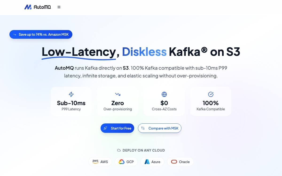 Screenshot of AutoMQ website