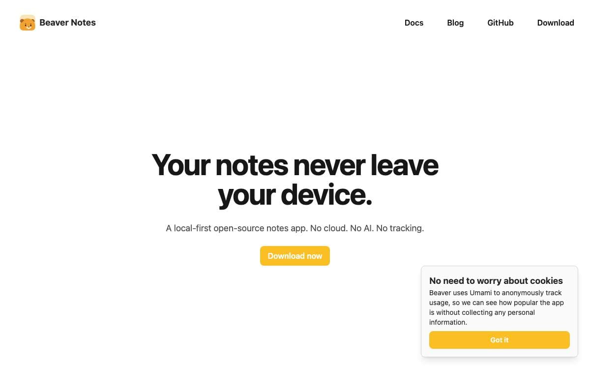 Screenshot of Beaver Notes website