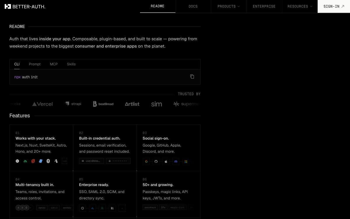 Screenshot of Better Auth website