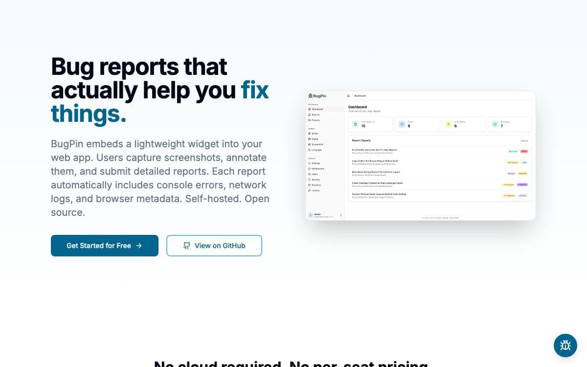 Screenshot of BugPin website