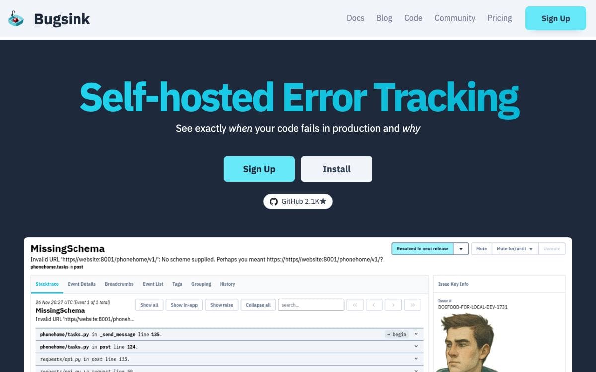 Screenshot of Bugsink website