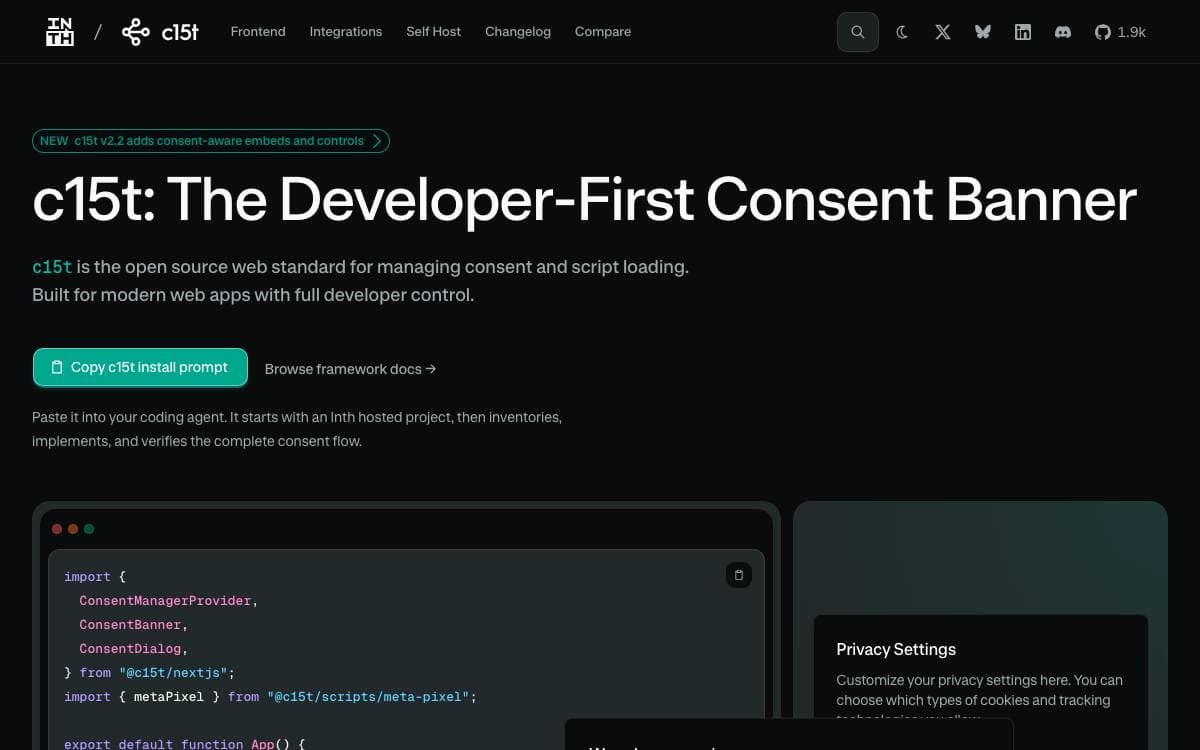 Screenshot of c15t website