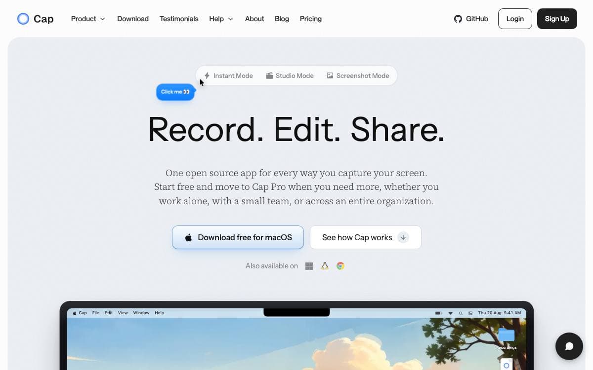 Screenshot of Cap website
