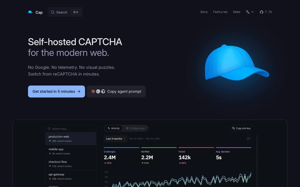 Screenshot of Cap website