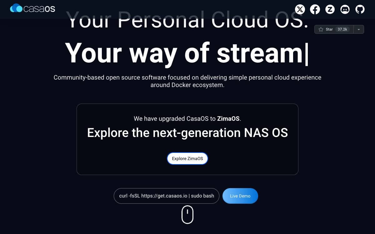 Screenshot of CasaOS website