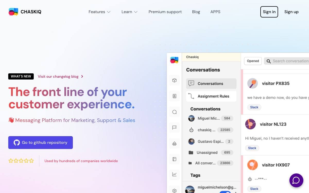Screenshot of Chaskiq website