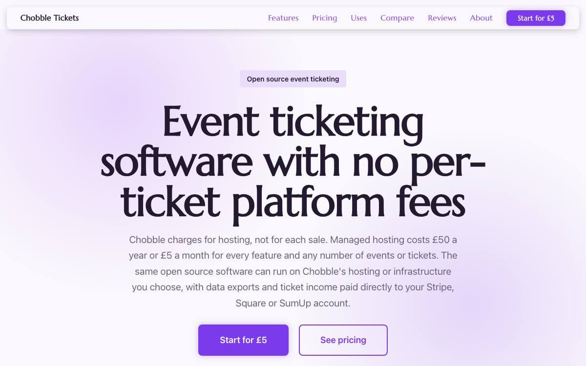 Screenshot of Chobble Tickets website