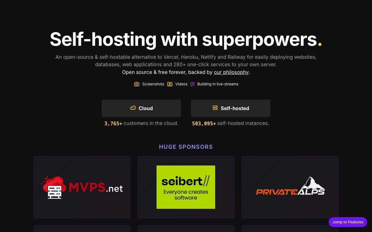 Screenshot of Coolify website