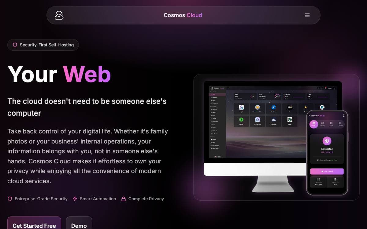 Screenshot of Cosmos Server website