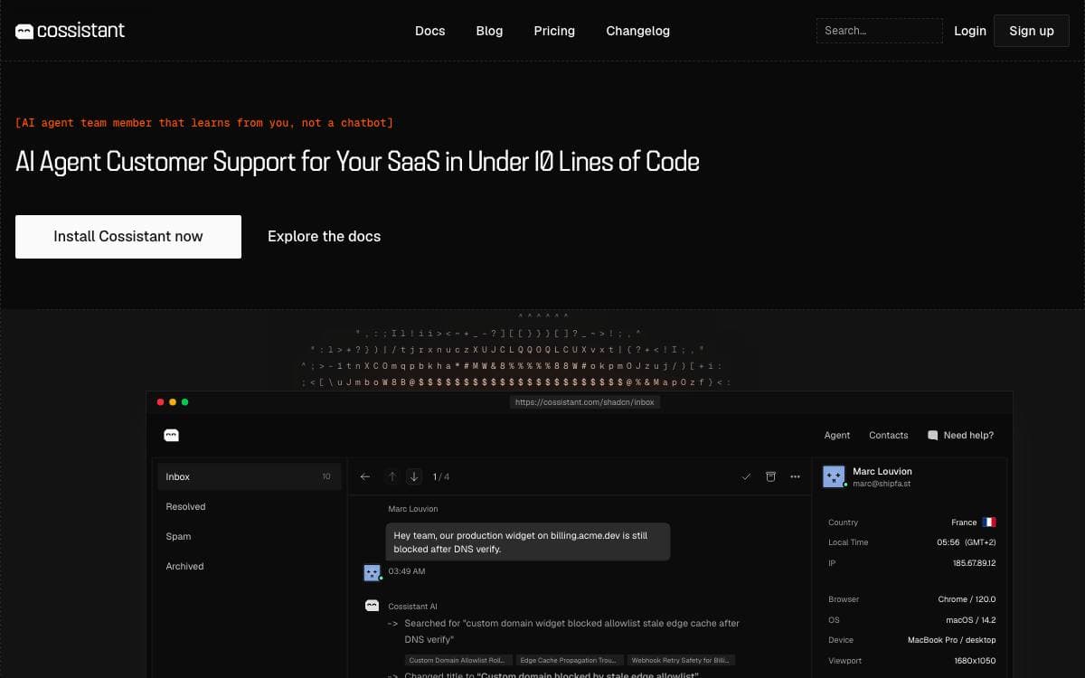 Screenshot of Cossistant website