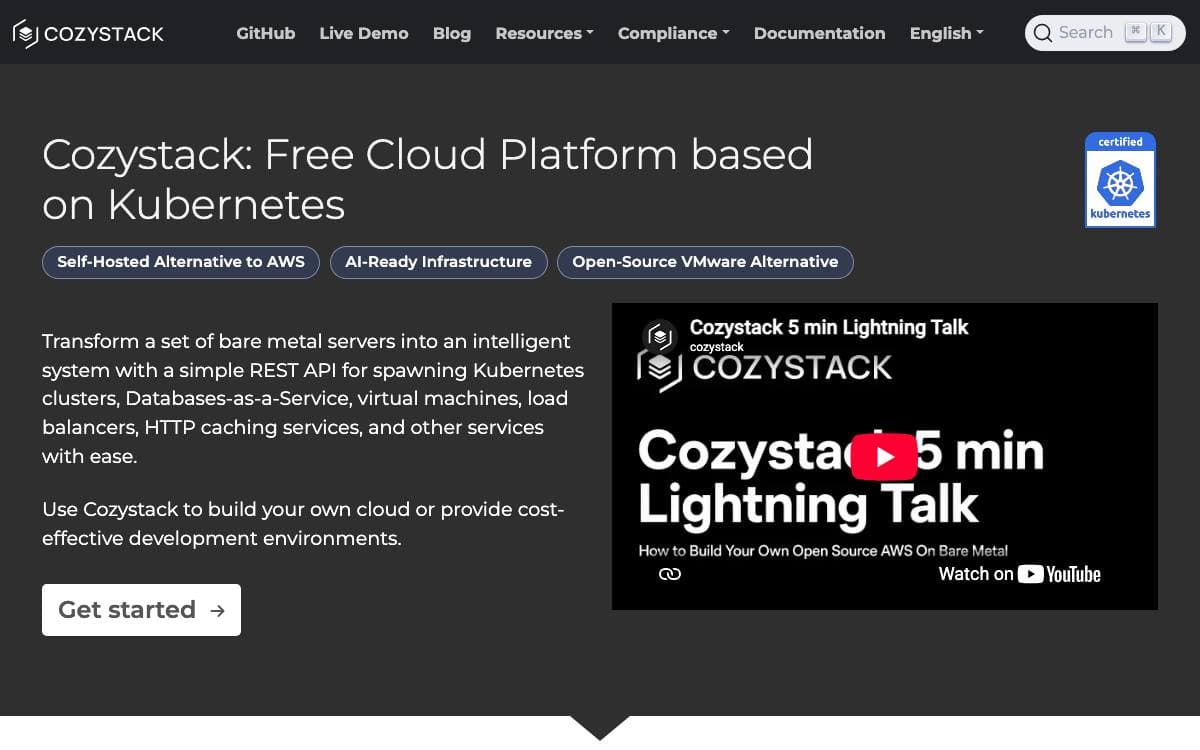 Screenshot of Cozystack website
