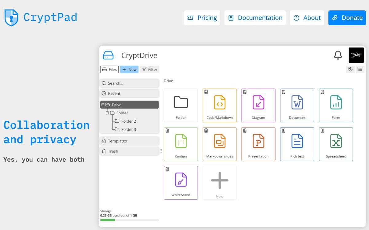 Screenshot of CryptPad website
