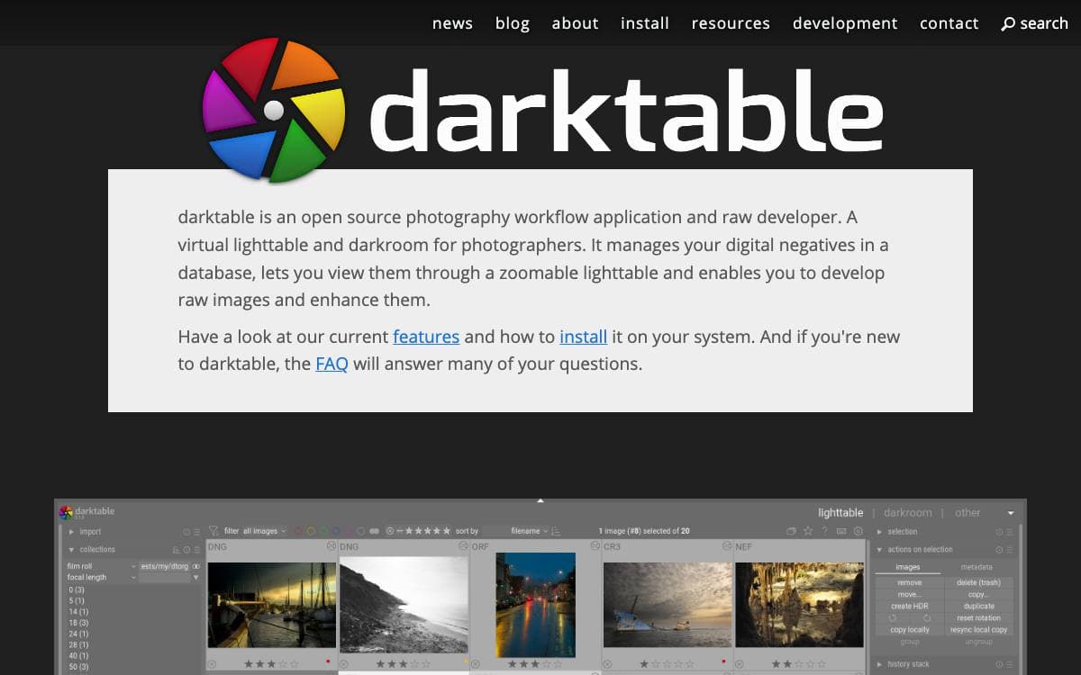 Screenshot of Darktable website
