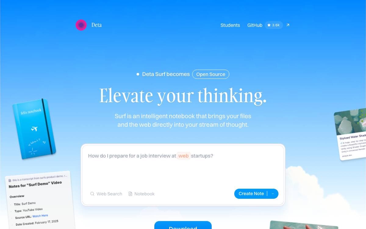 Screenshot of Deta Surf website