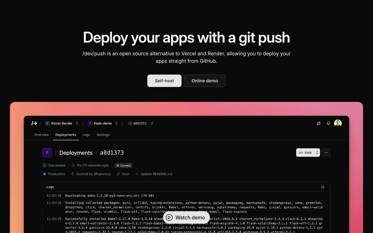 Screenshot of /dev/push website