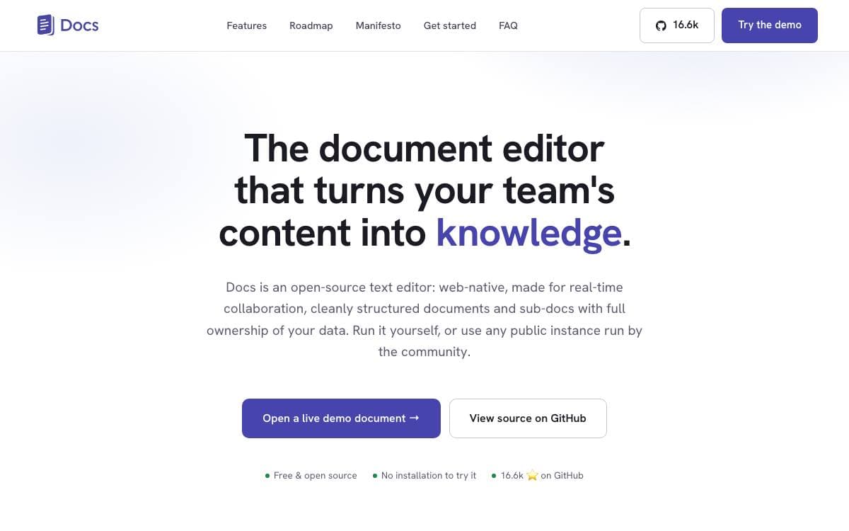 Screenshot of Docs website