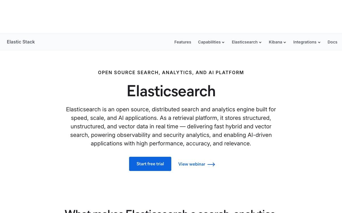 Screenshot of Elasticsearch website