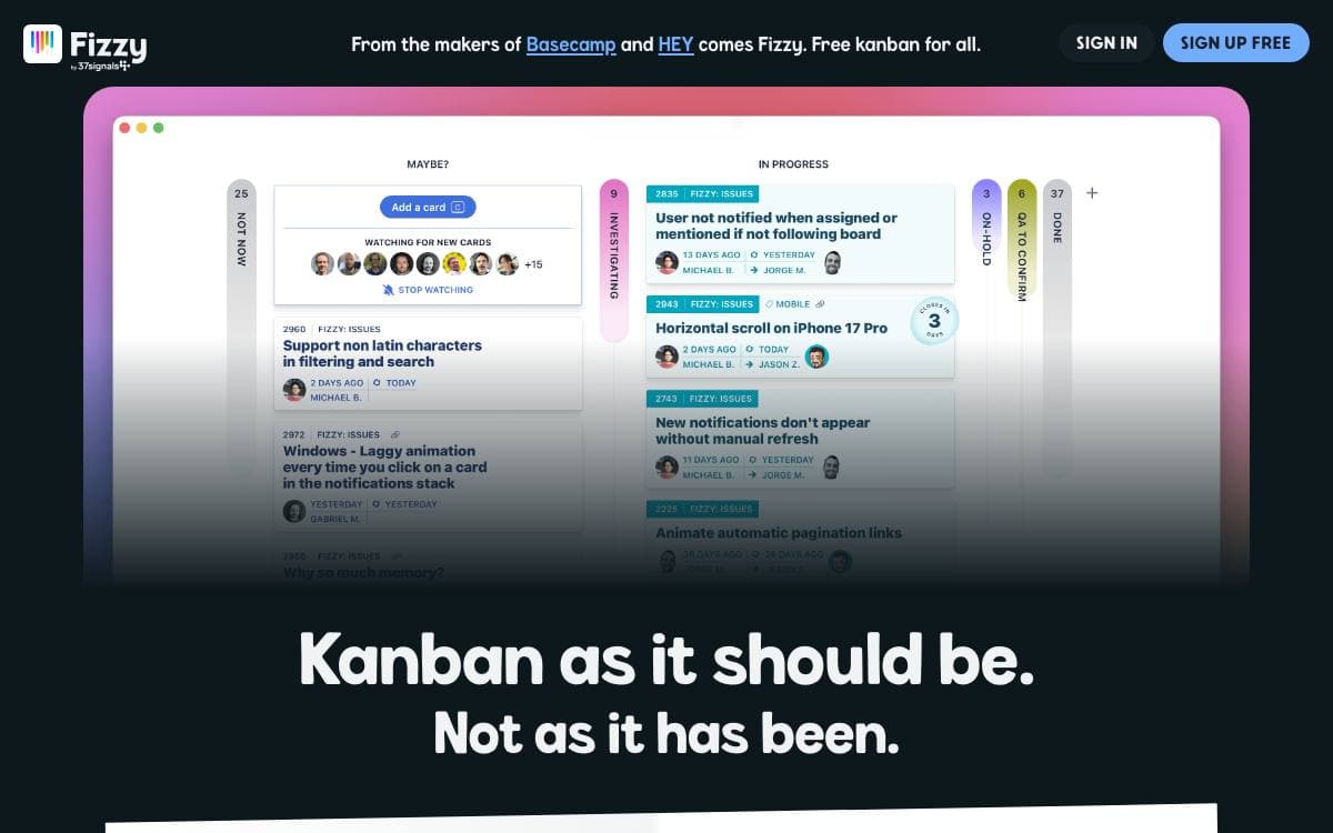Screenshot of Fizzy website