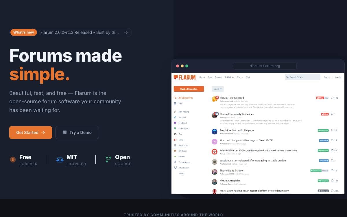 Screenshot of Flarum website