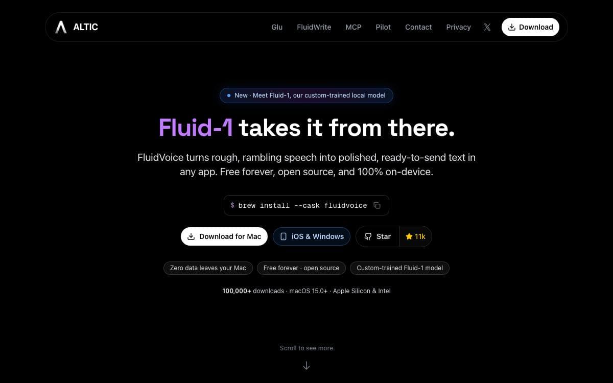 Screenshot of FluidVoice website