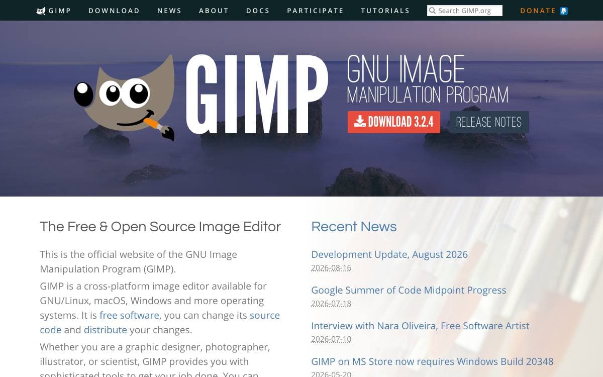 Screenshot of GIMP website