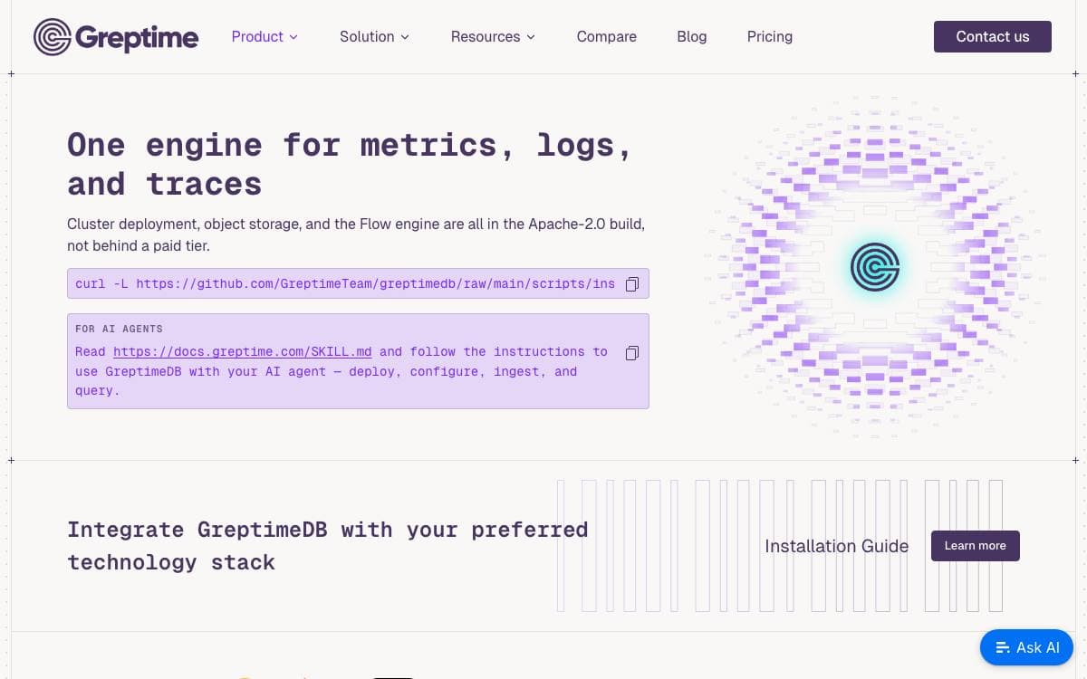 Screenshot of GreptimeDB website