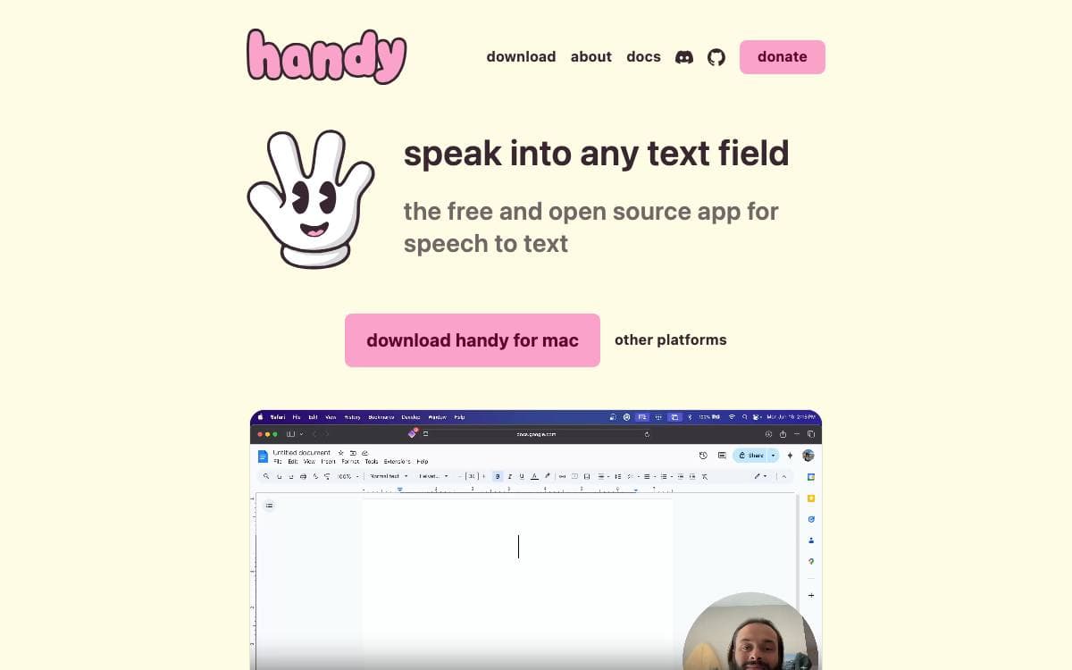 Screenshot of Handy website