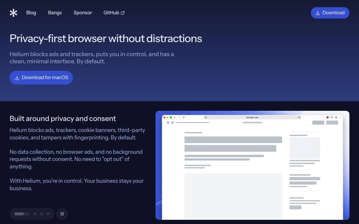 Screenshot of Helium website