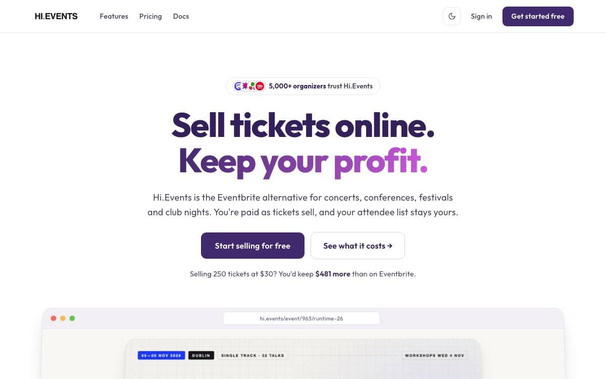 Screenshot of Hi.Events website