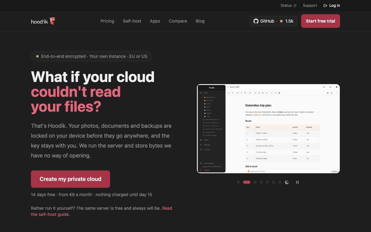 Screenshot of Hoodik website