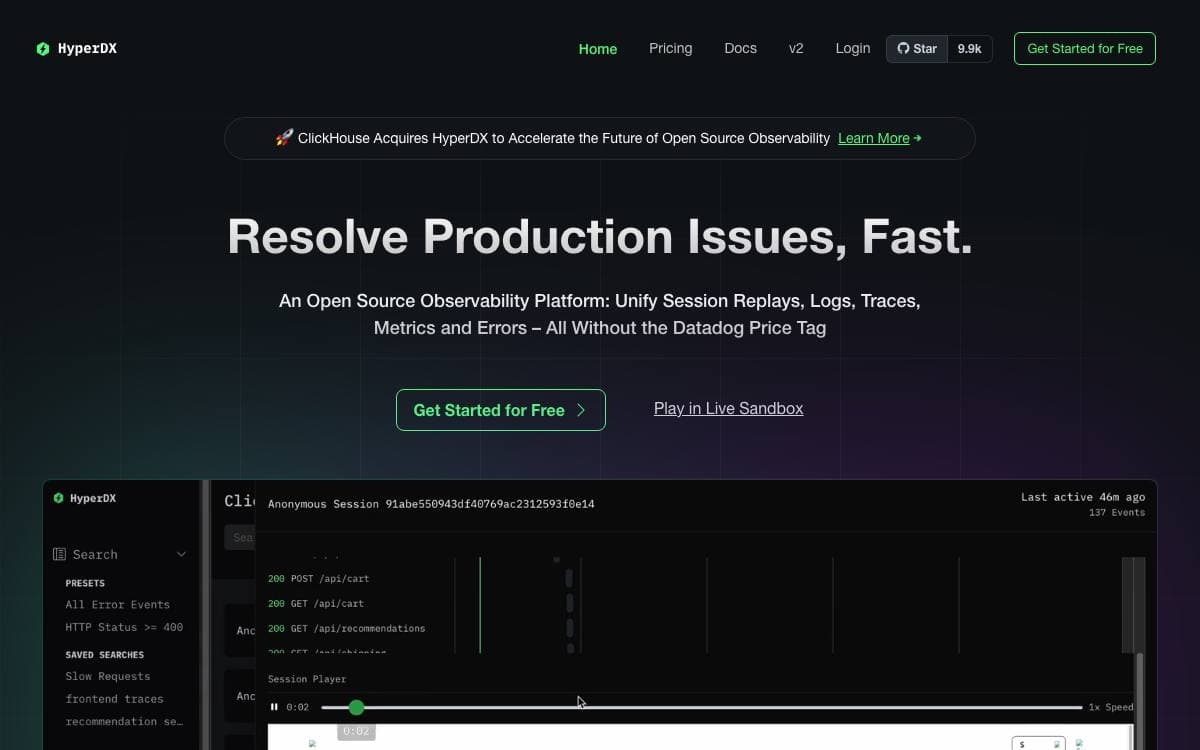 Screenshot of HyperDX website