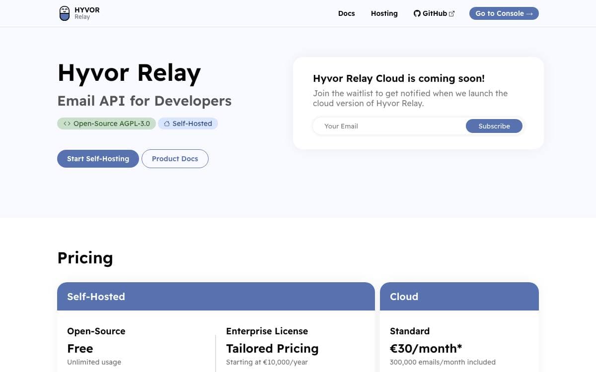 Screenshot of Hyvor Relay website
