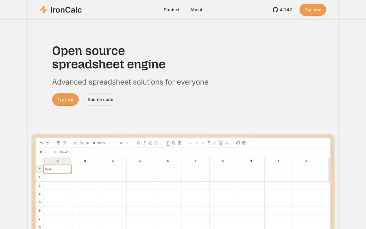 Screenshot of IronCalc  website