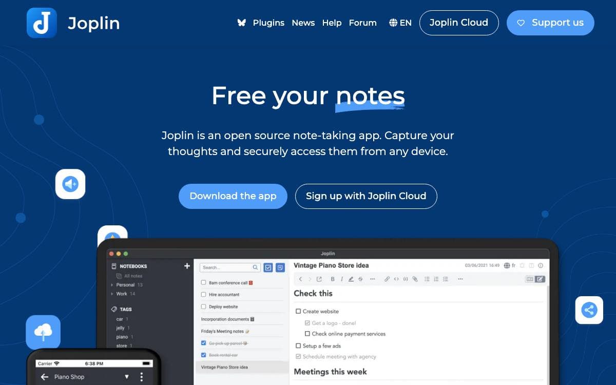 Screenshot of Joplin website