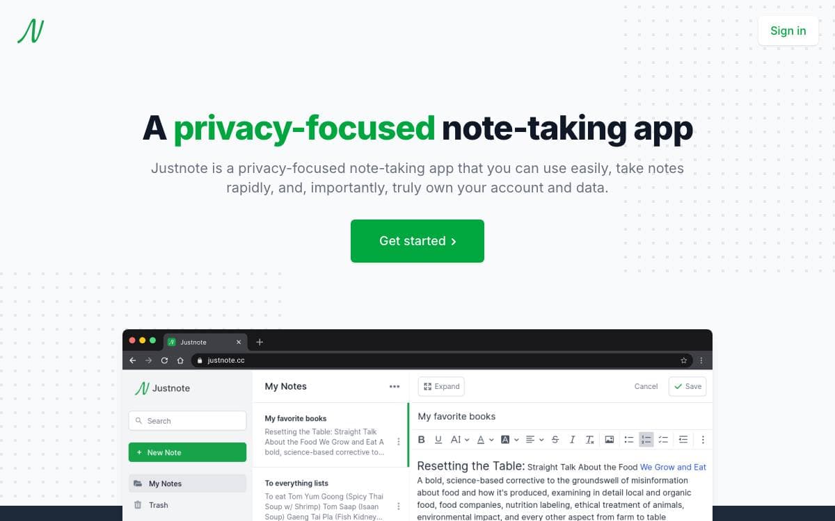 Screenshot of Justnote website