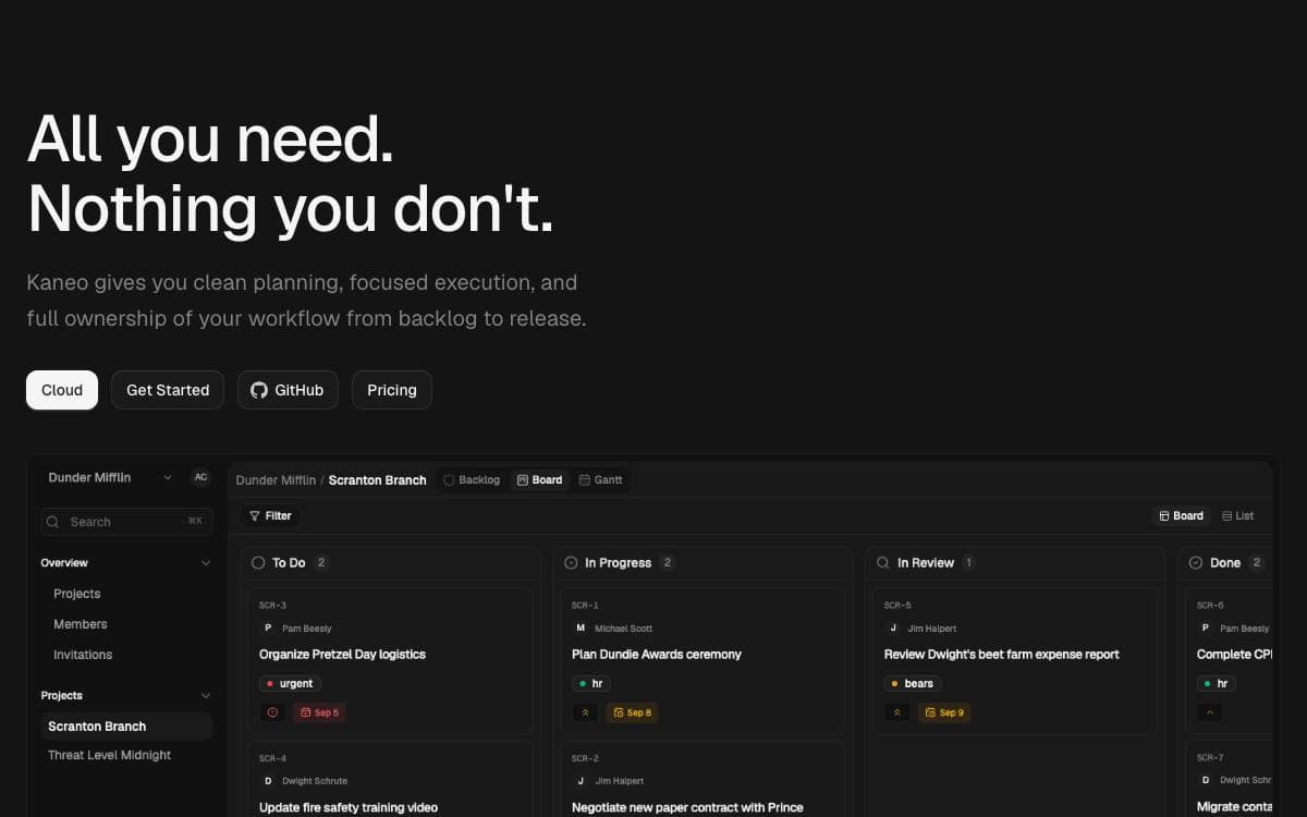 Screenshot of Kaneo website