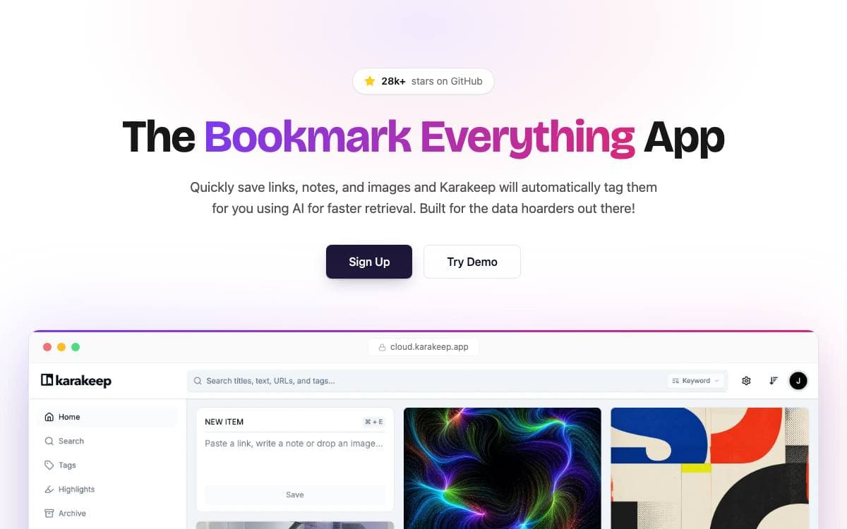 Screenshot of Karakeep website
