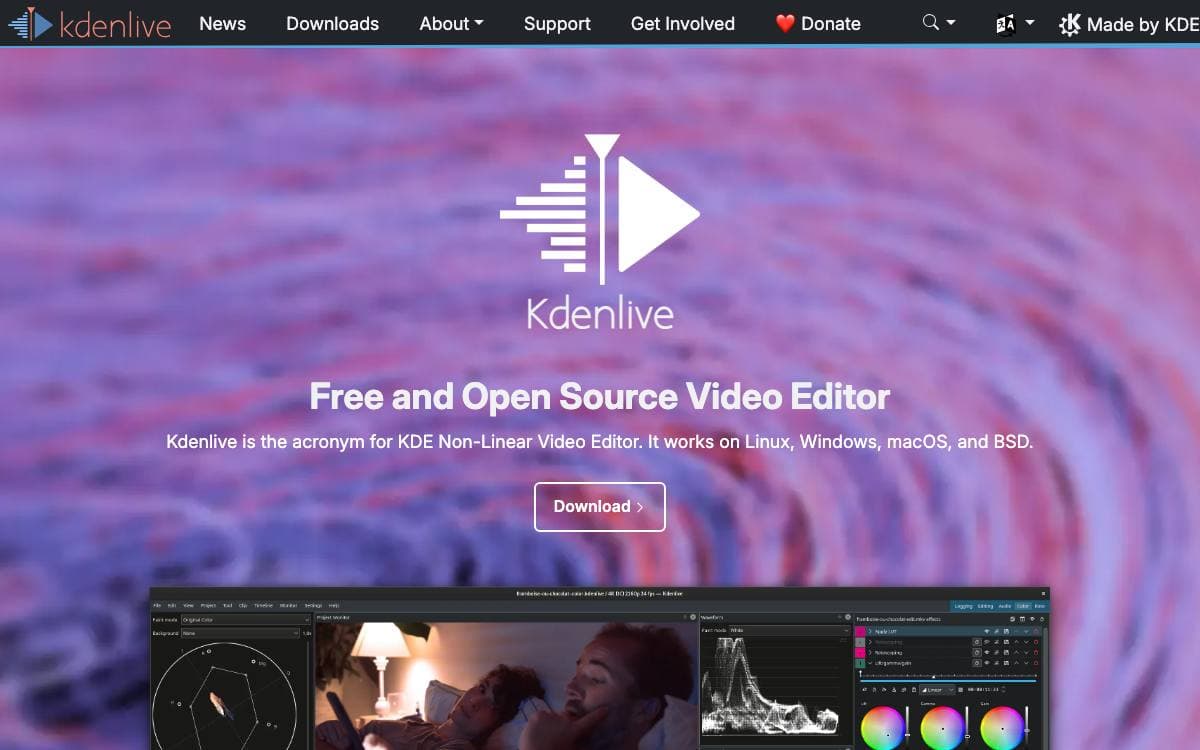 Screenshot of Kdenlive website