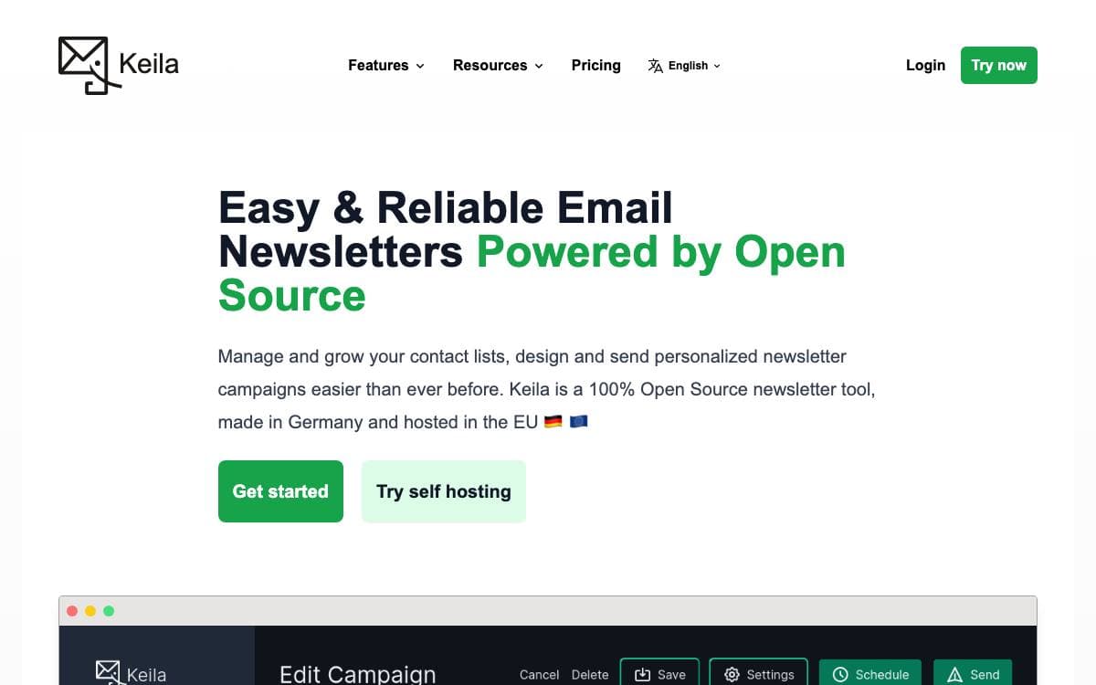 Screenshot of Keila website