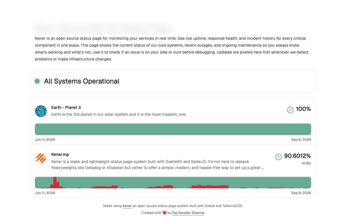 Screenshot of Kener website
