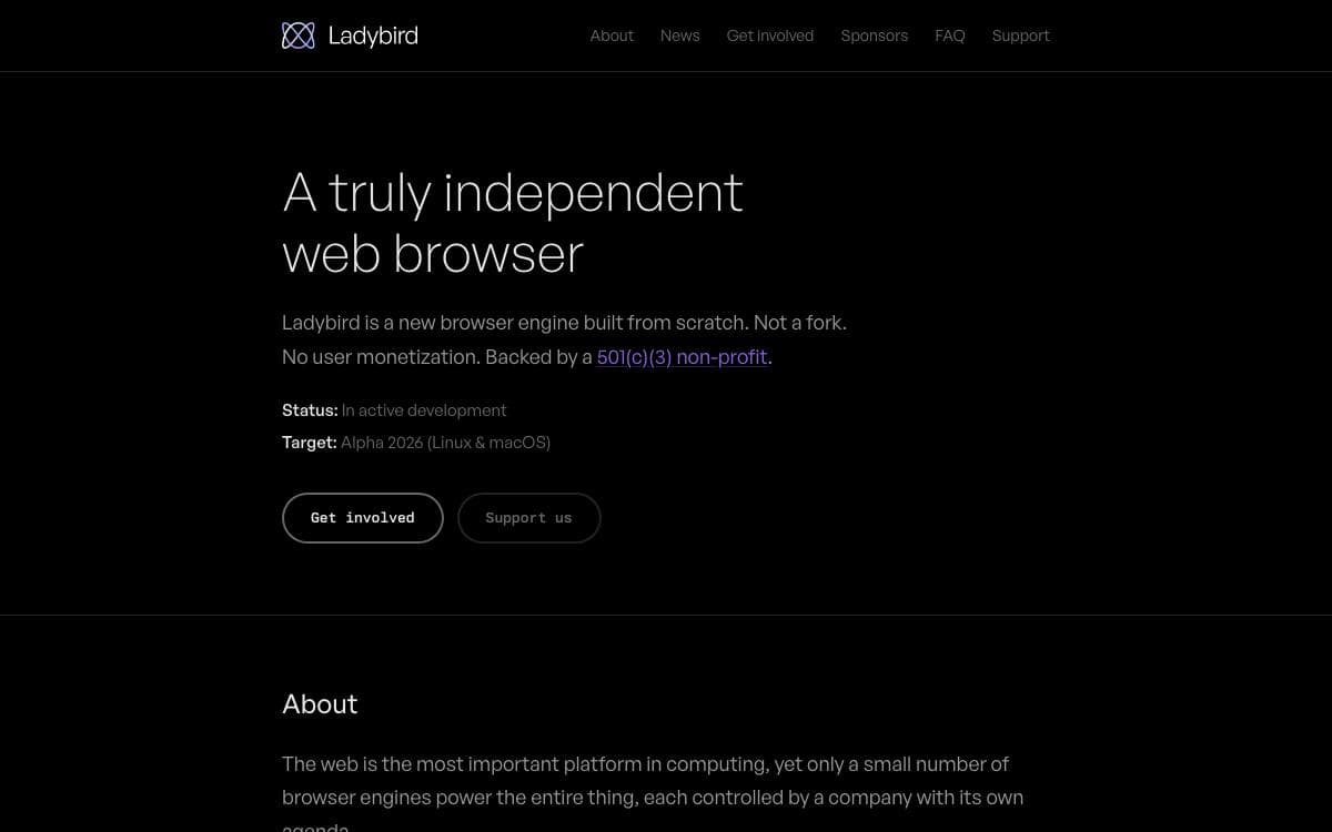 Screenshot of Ladybird website