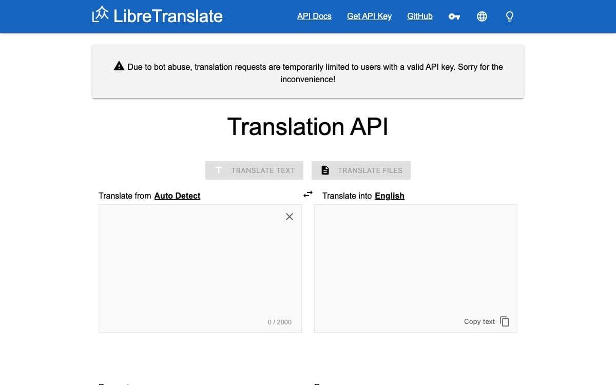Screenshot of LibreTranslate website