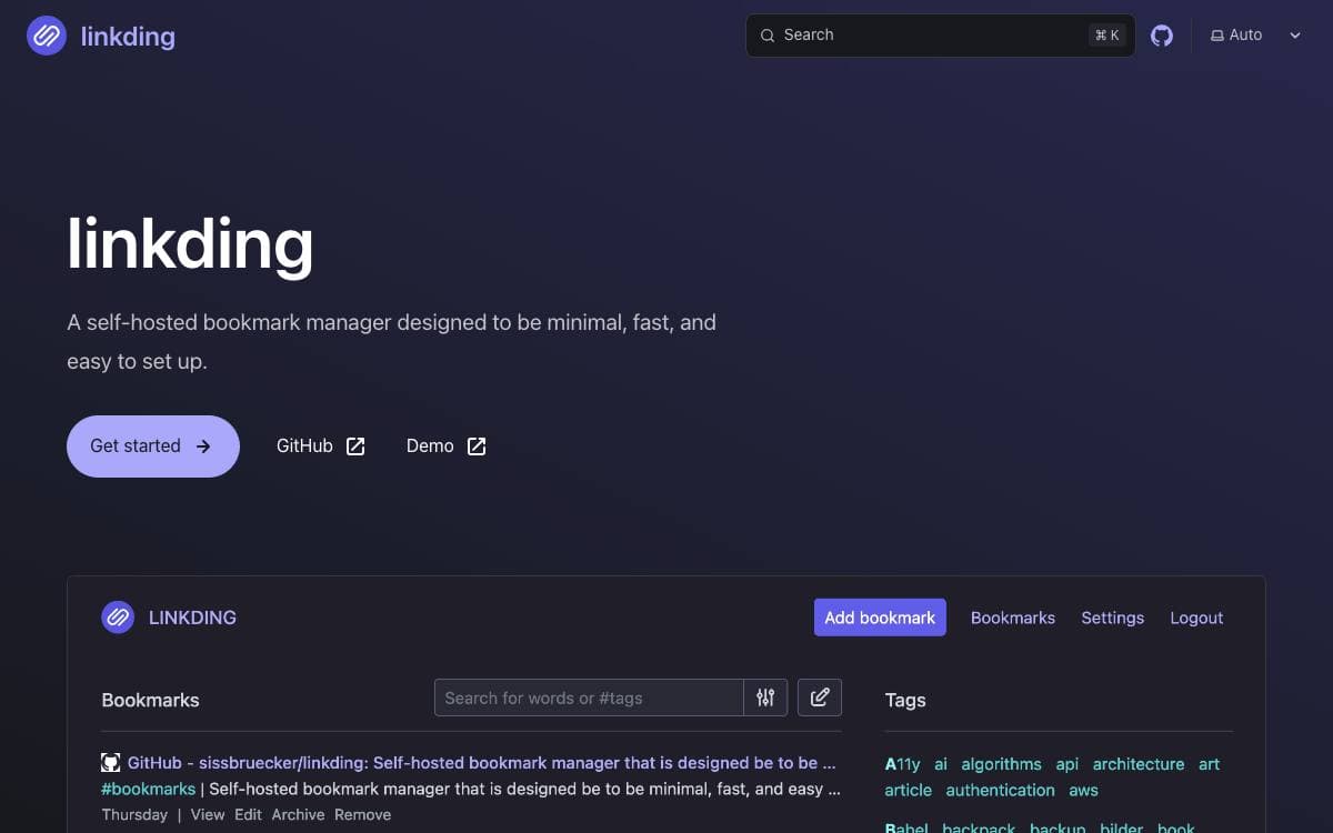 Screenshot of Linkding website